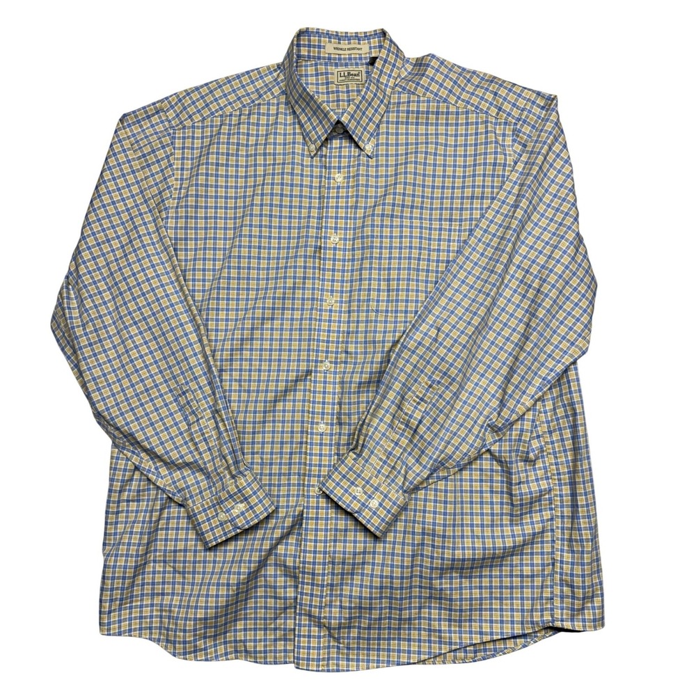 LL Bean Mens XL Regular Blue Yellow Plaid Wrinkle Resistant Button Down Shirt
